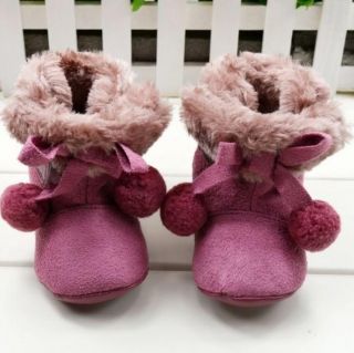 1 Pair Newborn Baby Girls' Winter Fleece Boots with Ball Training Snow Shoes