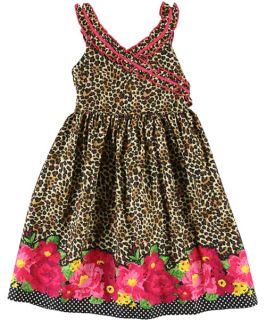 Youngland Girls Cheetah Animal Print Floral Border Dress Brown Fuchsia Size 6X