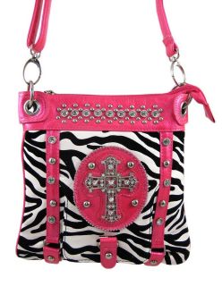 Zebra Print Rhinestone Cross Messenger Bag Hot Pink