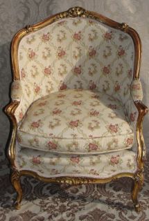 Antique French Louis XV Gilt Bergere Upholstered Frame Chair Armchair Carved