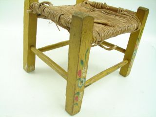 Antique Hand Painted Wood Doll Child's Chair Yellow w Flowers Woven Seat Kids