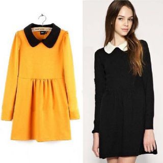 Baby Doll Peter Pan Contrast Collar Long Sleeve Dress Colour Block Pleated
