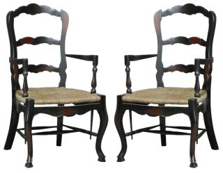 New Dining Chair French Country Black Pair Arm Ladderback FC 12