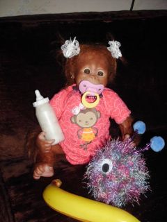 Reborn Chimp Gorilla Monkey Baby Doll Hair Bow Crochet Hat Blanket Handmade
