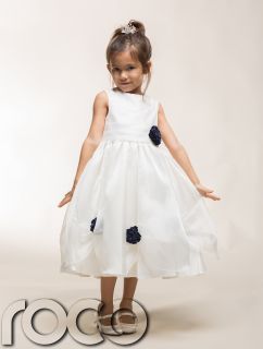 Girls Ivory Navy Blue Floral Wedding Christening Flower Girl Bridesmaid Dress