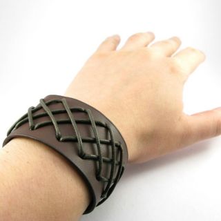 H960 Cross Net Pattern Rock Punk Brown Leather Men Women Button Wristband Cuff