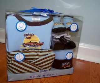 Baby Essentials 5 Piece Layette Set Daddy's Boy Brown Blue Creeper Pant Sock Cap