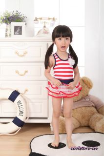 Toddler Kid's Girl Swimwear Bathingsuit Tankini Set Cap Striped Full Skirt Y504