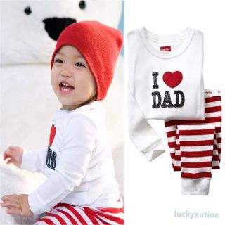 Baby Kids Love Dad Mom Pattern Tops Striped Pants 2 Pcs Set Outfits Clothes 1 7Y