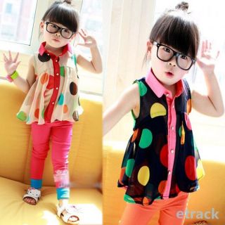 Kids Girls Lapel Collar Sleeveless Chiffon Tops Colorful Polka Dot T Shirts 2 7Y