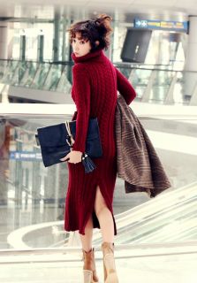 New Autumn Style Long Sleeve Sweater Dress Wool Blend Ankle Length High Collar