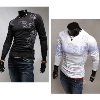 Black White Mens Chinese Style Tattoo Slim Casual T Shirt Long Sleeve M XXL Size