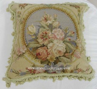 16" Floral Roses Blue Wool Needlepoint Sofa Couch Chair Bed Throw Pillow Cushion