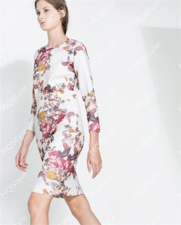 Womens European Fashion Flower Print Chic Short Sleeve Bodycon Dress B3557SE