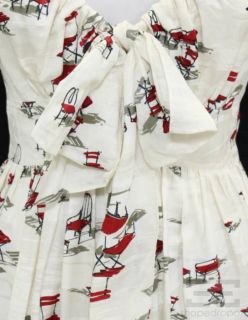 Carolina Herrera White Red Print Chair Print Bow Dress Size 4