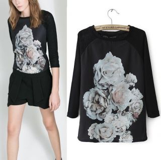 Womens European Fashion Crewneck Flower Print Long Sleeve Shirt Blouse B3962MS