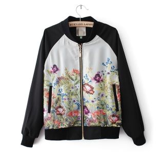 Womens European Fashion Flower Print Zipper Splice Crewneck Coat Jacket B2309