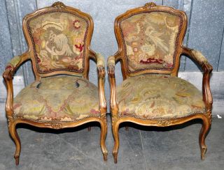 2 Antique French 19th Century Carved Beechwood Tapestry Arm Armchair Furniture