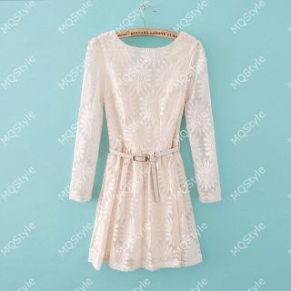 Womens Fashion Crewneck V Back Belt Flower Lace 3 4 Sleeve Mini Dress B3231