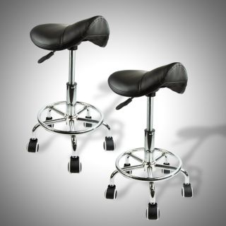 2 Saddle Salon Stool Footrest Doctor Dentist Spa Office Chair PU Leather Black