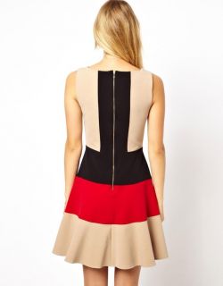 Womens European Fashion Splice Color Crewneck Sleeveless Pleated Dress B3695MK