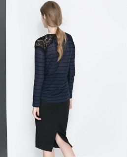 Womens European Fashion Crewneck Hollow Lace Shoulder Long Sleeve Shirt B4023