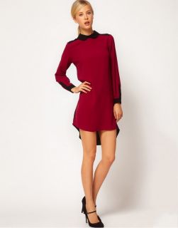 Womens European Fashion Doll Collar Asymmetric Long Sleeve Dress Red B1239DR