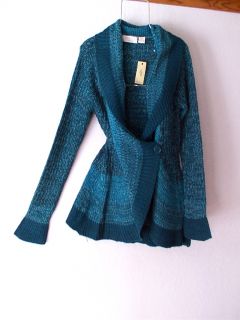 New Teal Blue Green Wrap Tweed Sweater Cardigan Jacket Top 12 14 L Large