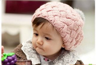 Baby Kids Knitting Wool Braid Crochet Beret Beanie Cony Hair Cap Ear Hat 2 Color