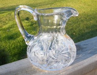 Antique Vintage Crystal Cut Glass Pinwheel Whirly Hobstar 1 Quart Water Pitcher