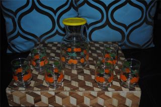 Vintage Orange Juice Decanter Glass Pitcher Set 6 Glasses 1970's Handi Serv RARE