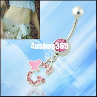 Rhinestone Initial Letter Dangling Pendant Barbell Navel Button Belly Ring Bar
