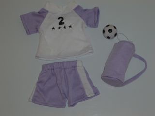 Doll Clothes Purple and White Soccer Outfit Ball Bag Set FITS18" Doll 4pc