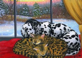 Bengal Kittens Cat Dalmatian Dog Winter Snow Window Original ACEO Painting Art