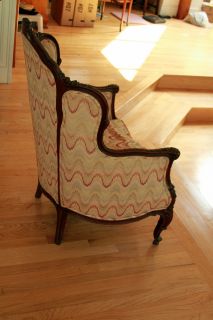 Antique French Carved Wing Chair Flame Stitch Upholstery