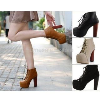 Sexy Women Platform Round Toe Thick High Heels Strappy Lace Up Ankle Boots Shoes