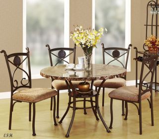 New 5pc Clifton Round Faux Marble Top Bronze Finish Metal Dining Table Set