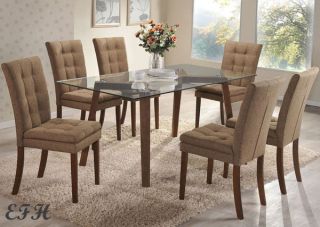 New 7pc Kodiak Rectangular Glass Top Walnut Finish Wood Dining Table Set