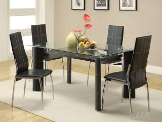 5pc Modern Glass Black Leather Chrome Dining Table Set