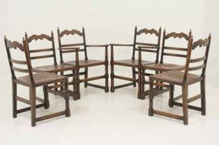 Antique Scottish Oak Ladder Back Dining Chairs with Original Leather Seats