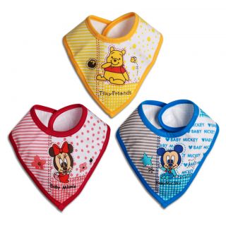 3 x Kids Lunch Bibs Baby Boy Girl Bandana Bib Triangle Winnie Mickey Minnie