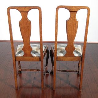 Antique English Solid Oak Queen Anne Dining Chairs Set 6 c1950 P06B