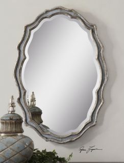 Large French Curved Oval Beveled Wall Mirror Antiqued Silver Aged Slate Blue