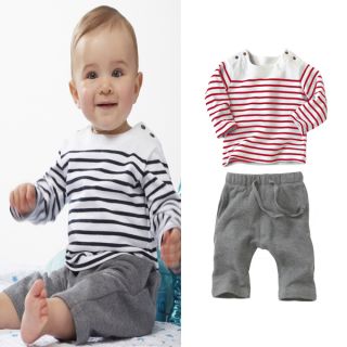 Baby Boy 2 Piece Marine Sailor Outfit Set Long Stripes Shirt Pants 6 24M
