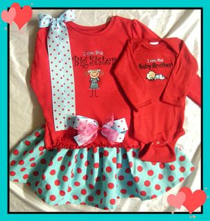 Boutique Big Sister Baby Brother Tshirt Onesie Tutu Hairbow Gift Set Aqua Red 5T