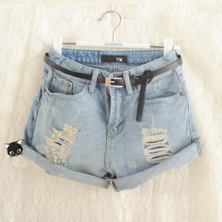 Vintage Retro Women Girl Light Blue High Waist Flange Hole Jeans Denim Short L69