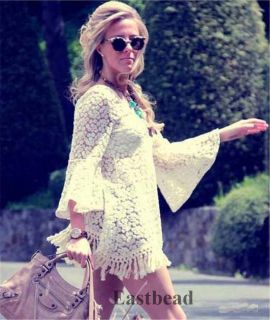 Hot Fashion Lace Hippie Boho Bell Sleves Gypsy Festival Fringe Mini Dress Top
