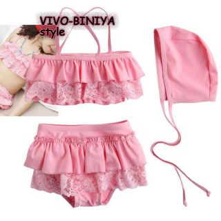 Baby Toddlers Girls Lace Ruffle Swimwear Bikini Kids Swimsuit Skirt Hat Suit