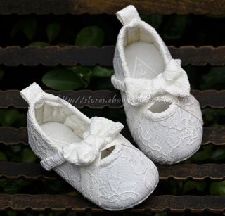 Baby Girls White Pink Mary Jane Soft Sole Lace Bow Walking Shoes Size 1 2 3