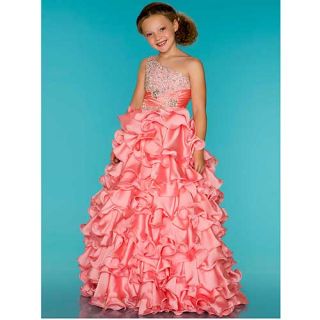 Sugar Coral One Shoulder Sparkle Bodice Ruffle Pageant Dress Girls 8